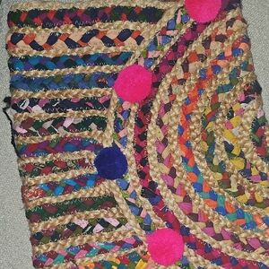 Colorful Woven Clutch with Pom Poms. 16.5 Wide- 12.5 High